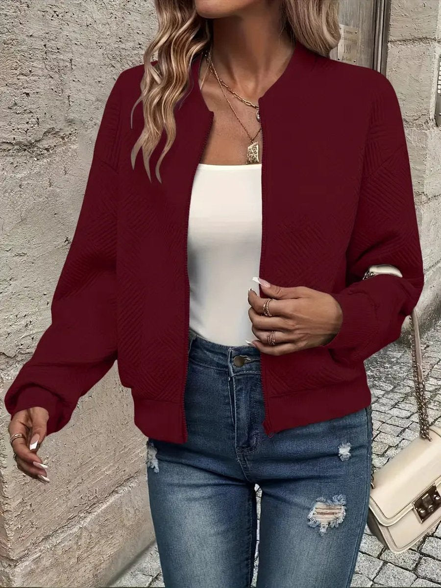 Women's Cropped Quilted Bomber Jacket - Dark Red