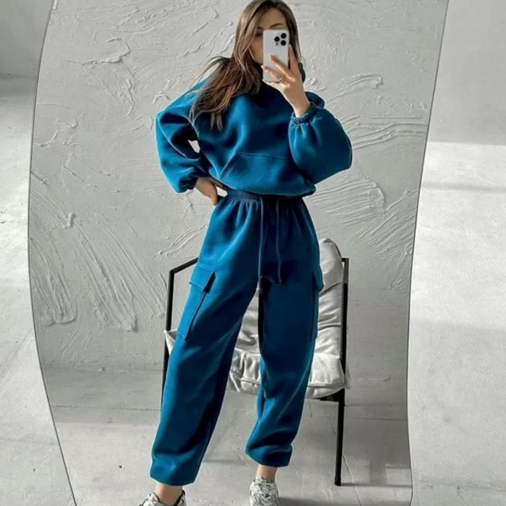 Women's Relaxed Cargo Pocket Hoodie Jogger Set - Black