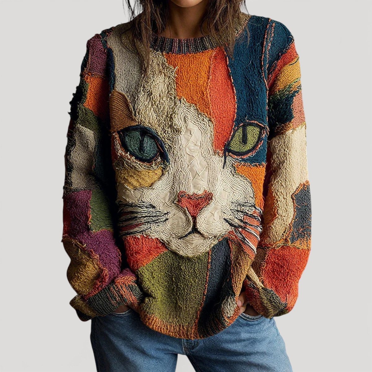 Women's Cat Graphic Crewneck Knit Sweater