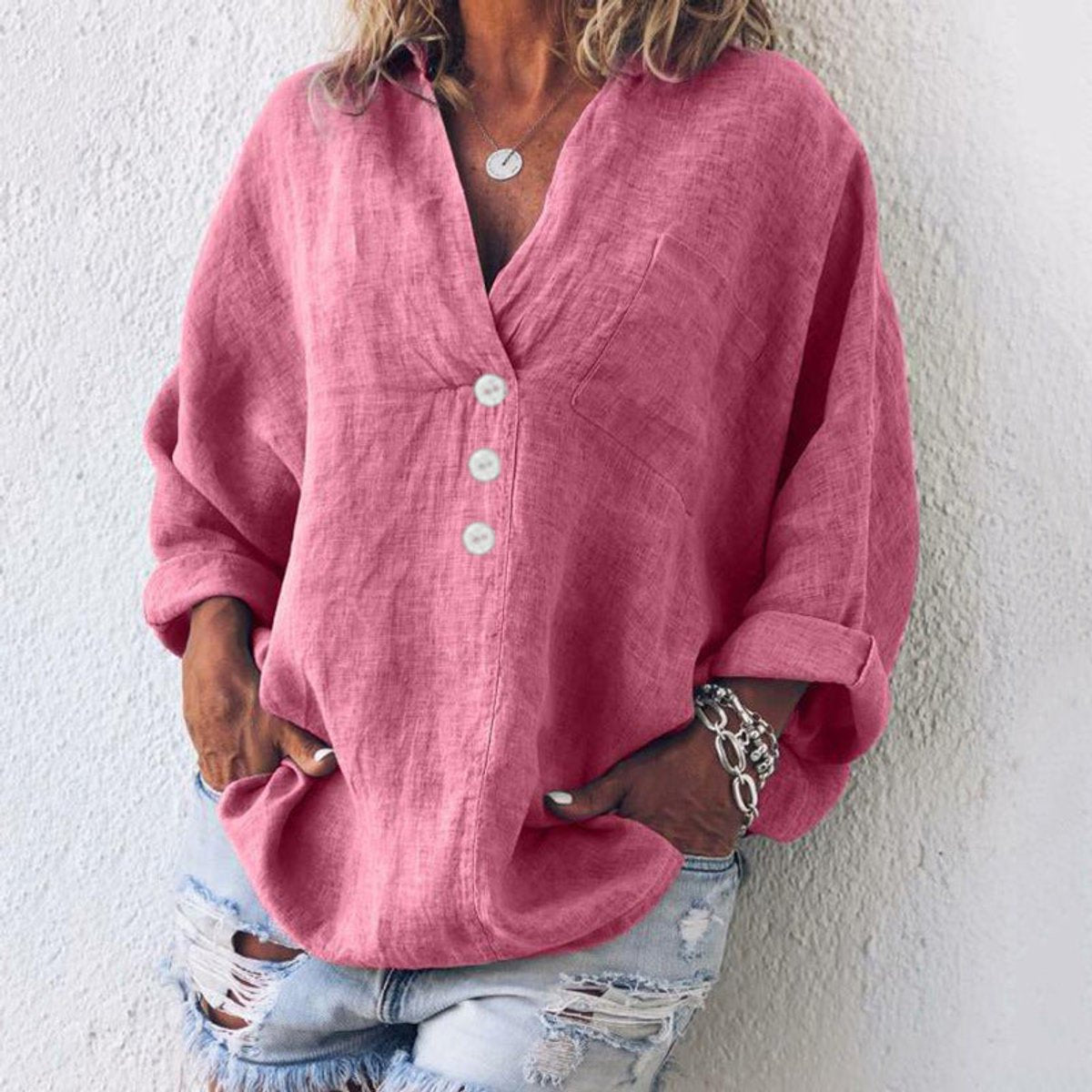 Women's Oversized Cotton Linen V-Neck Sweater - Pink