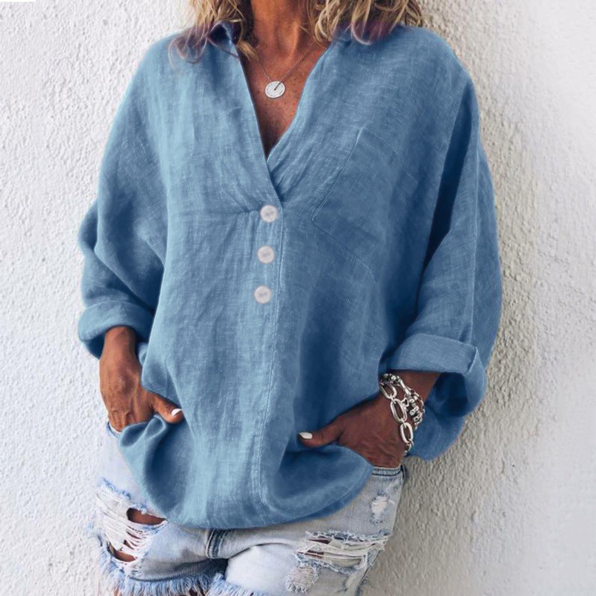 Women's Oversized Cotton Linen V-Neck Sweater - Blue