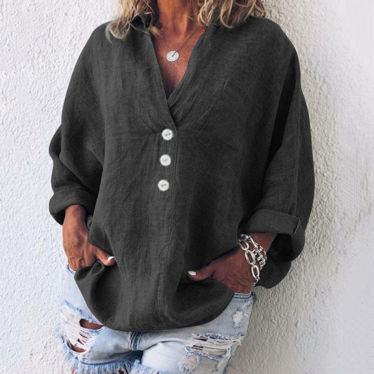 Women's Oversized Cotton Linen V-Neck Sweater - Black