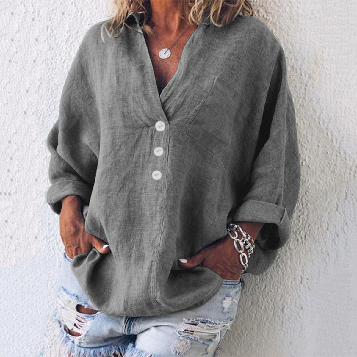 Women's Oversized Cotton Linen V-Neck Sweater - Gray