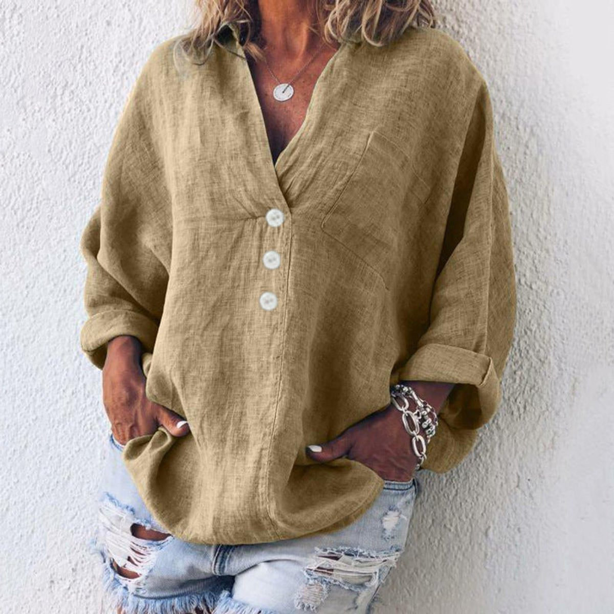 Women's Oversized Cotton Linen V-Neck Sweater - Khaki