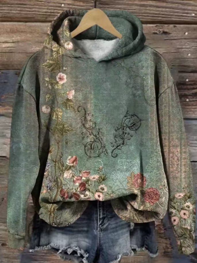Women's Oversized Floral Print Hooded Knit Sweater - One Color