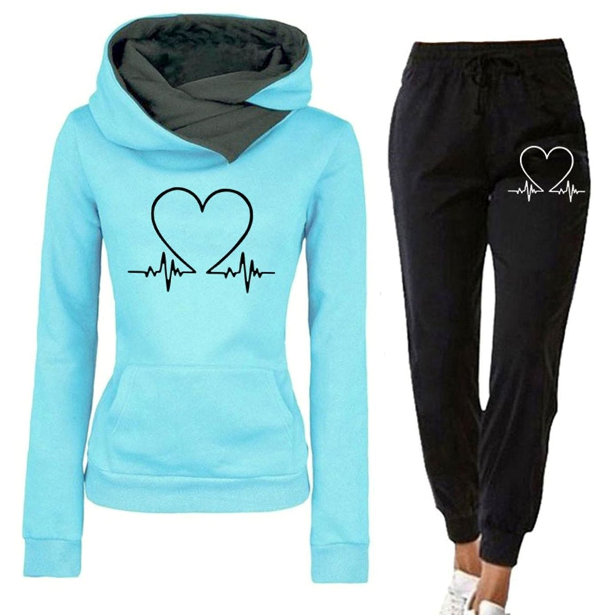 Women's Heart Graphic Hoodie and Jogger Set - Blue