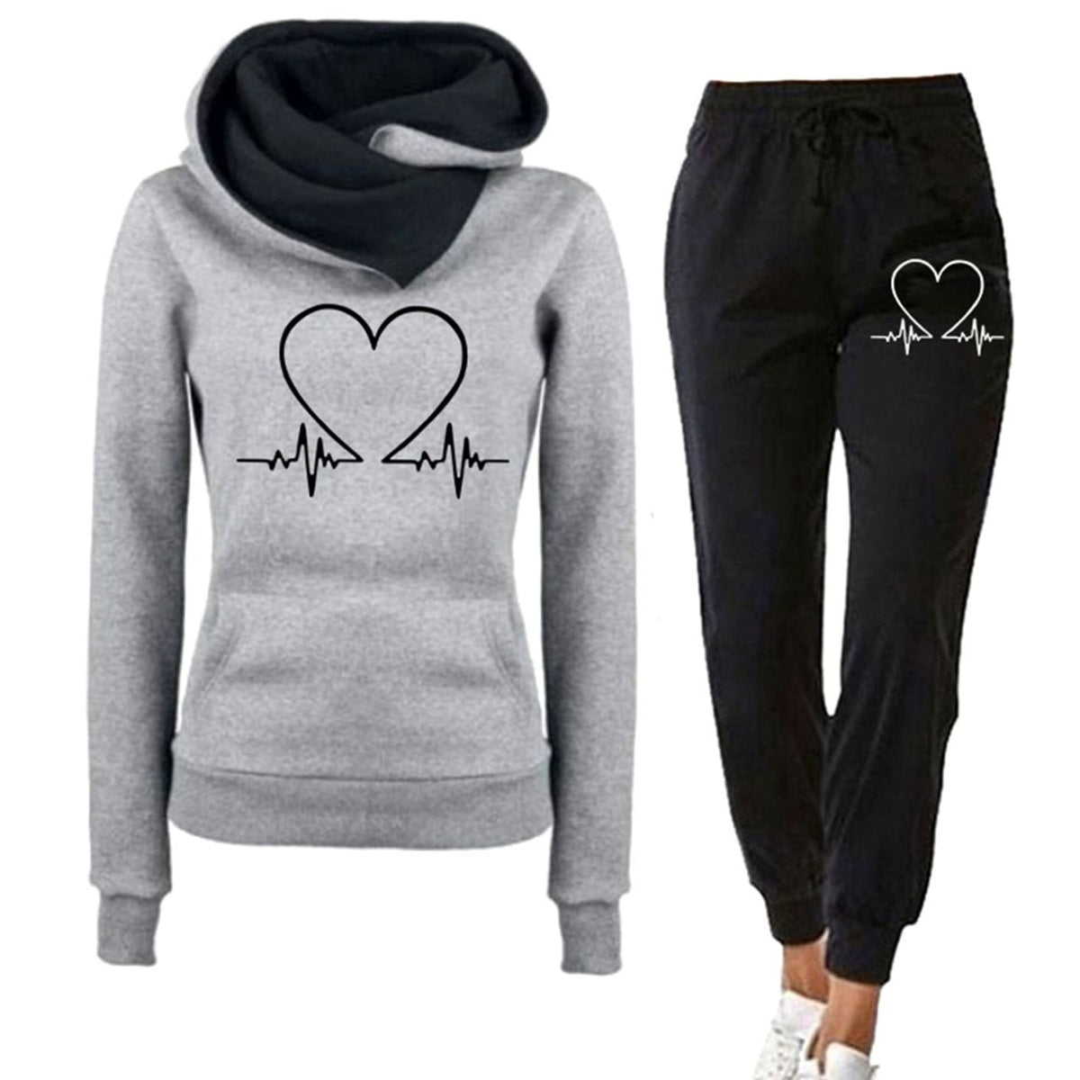 Women's Heart Graphic Hoodie and Jogger Set - Gray
