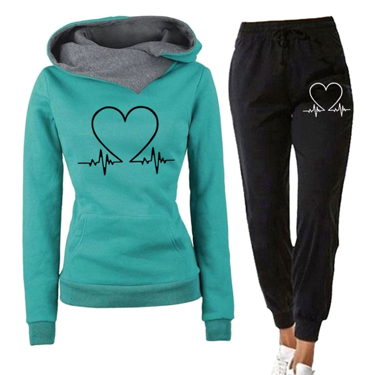 Women's Heart Graphic Hoodie and Jogger Set - Green
