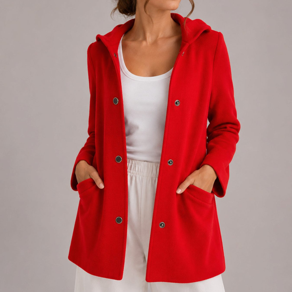 Women's Relaxed Hooded Snap Front Pocket Cardigan - Red