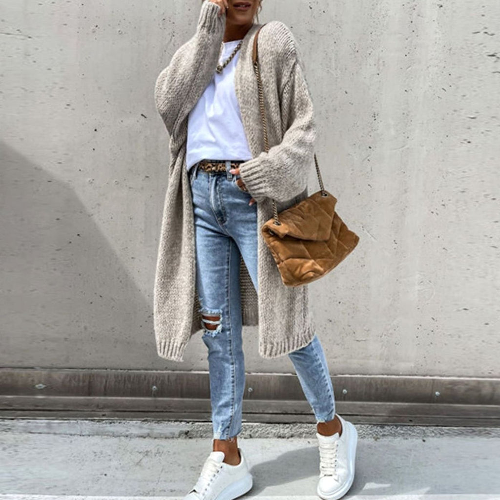 Women's Long Open-Front Relaxed Knit Cardigan - Beige