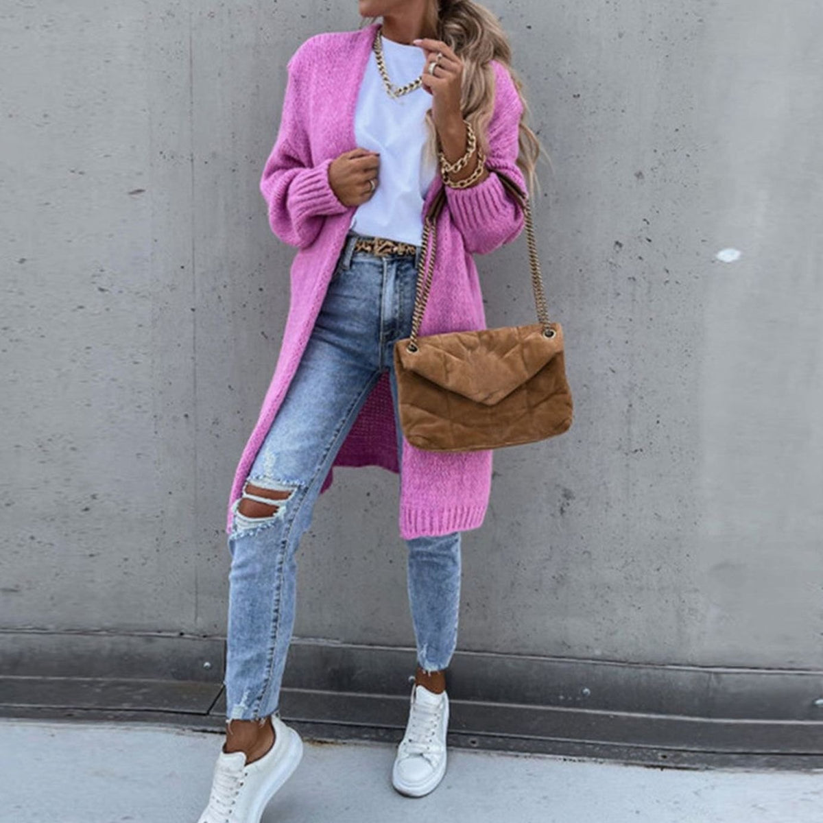 Women's Long Open-Front Relaxed Knit Cardigan