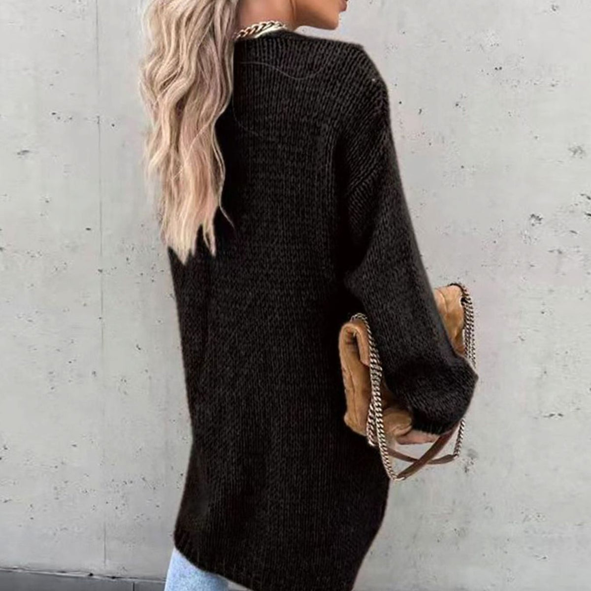 Women's Long Open-Front Relaxed Knit Cardigan - Black