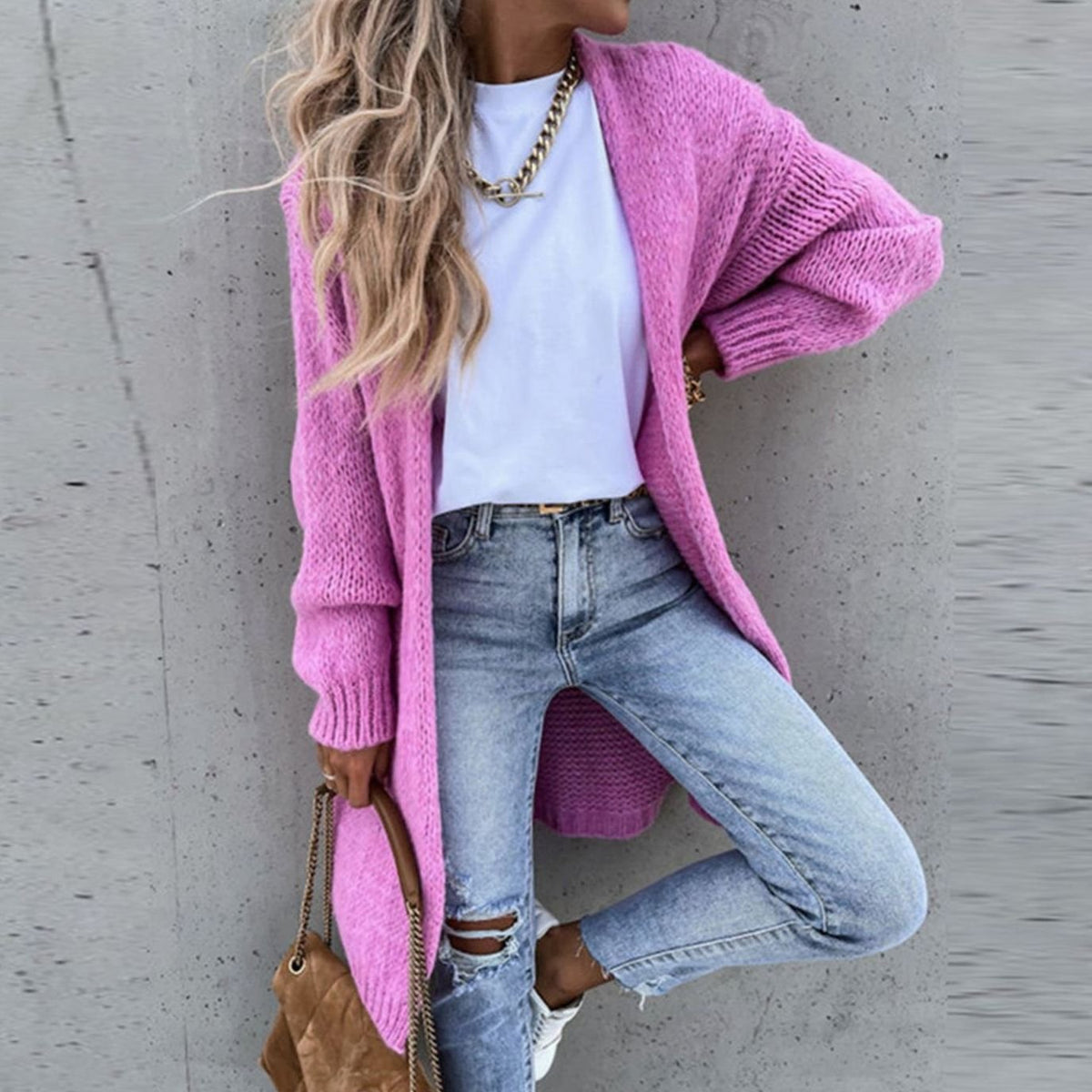 Women's Long Open-Front Relaxed Knit Cardigan - Green