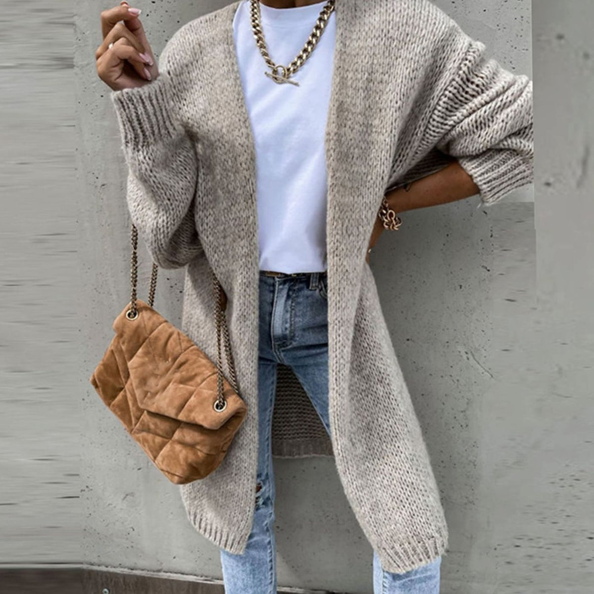 Women's Long Open-Front Relaxed Knit Cardigan - Khaki