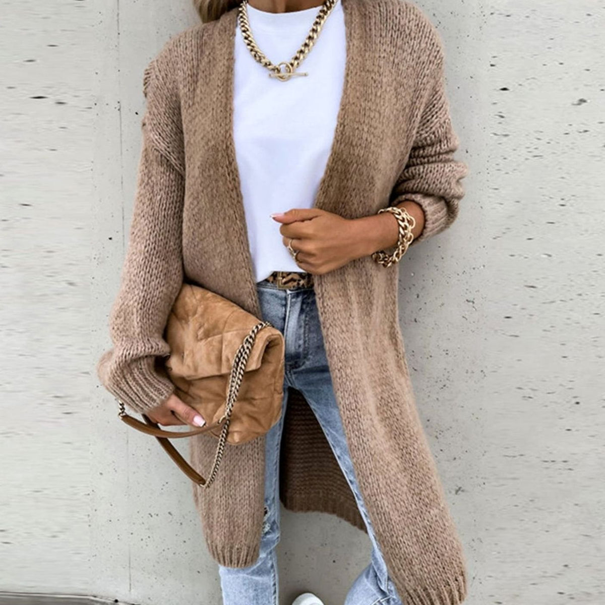 Women's Long Open-Front Relaxed Knit Cardigan - Pink
