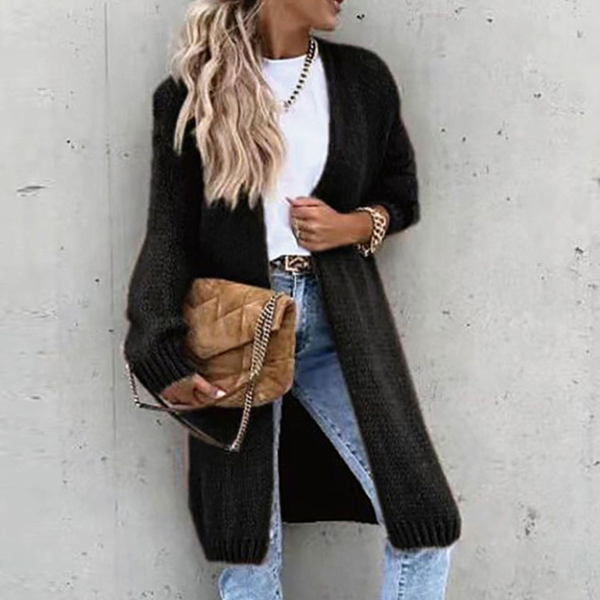 Women's Long Open-Front Relaxed Knit Cardigan