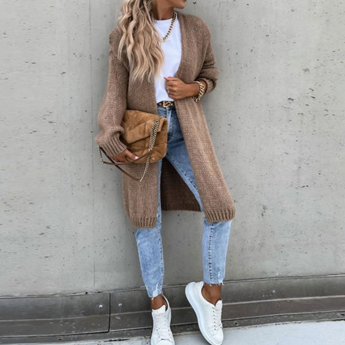 Women's Long Open-Front Relaxed Knit Cardigan