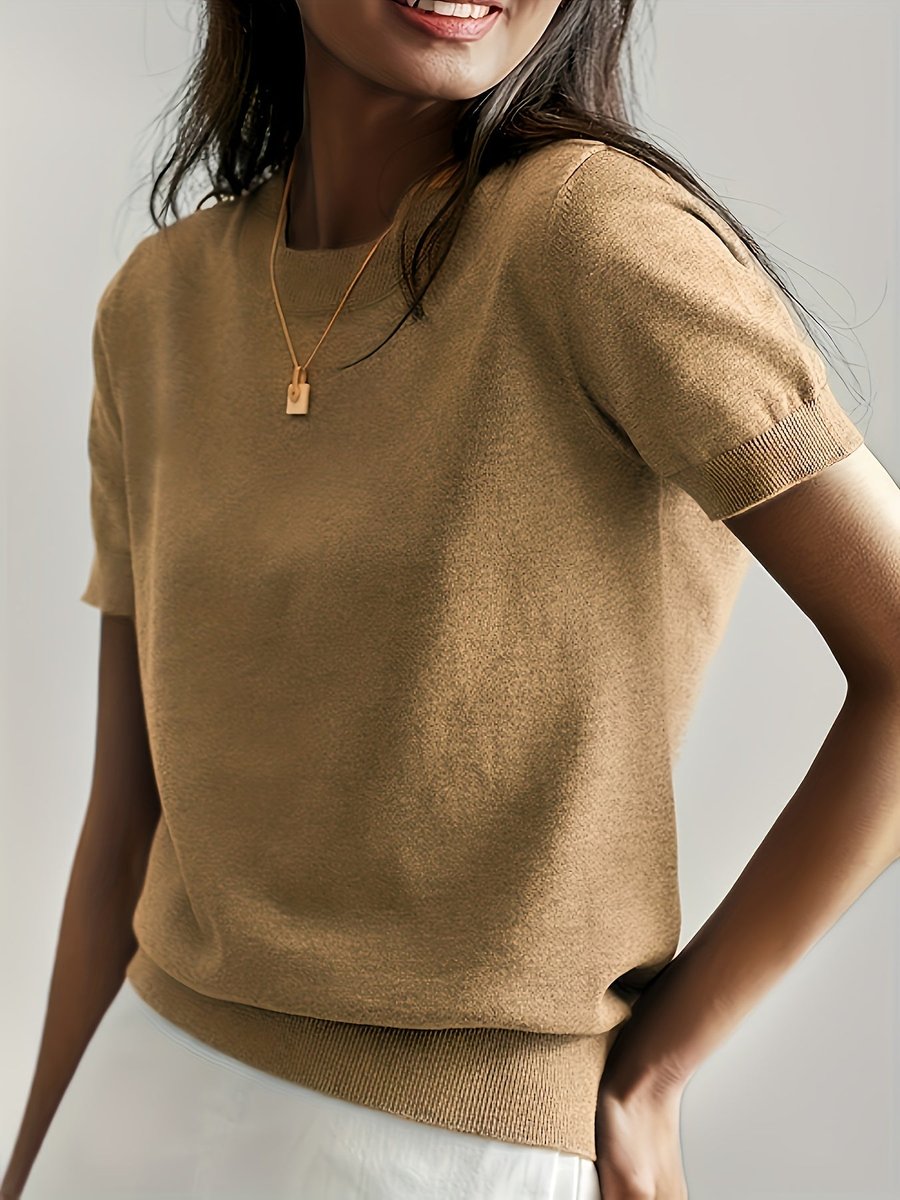 Women's Relaxed Short-Sleeve Knit Sweater Top - Earth Tan