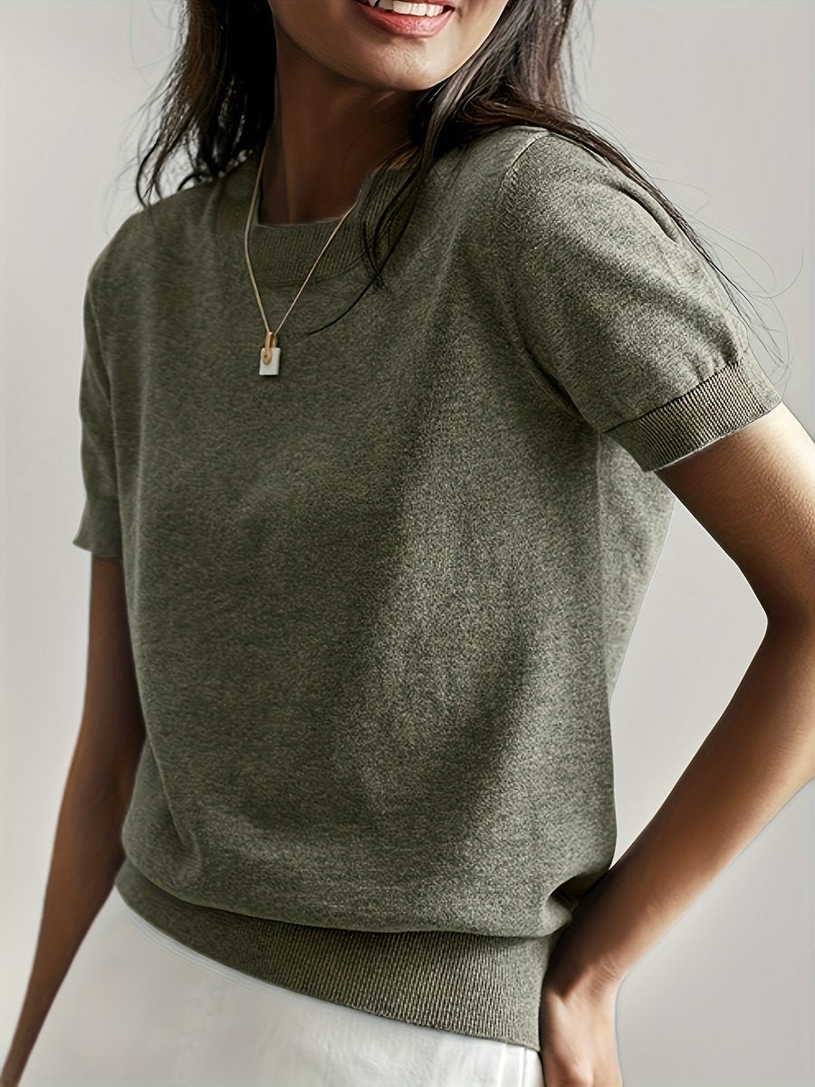 Women's Relaxed Short-Sleeve Knit Sweater Top - Olive
