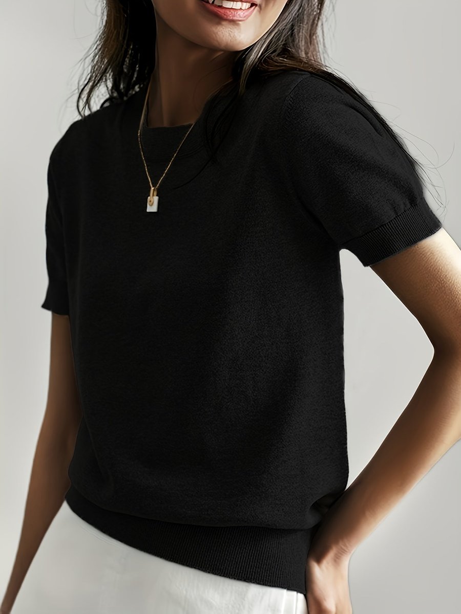 Women's Relaxed Short-Sleeve Knit Sweater Top - Black
