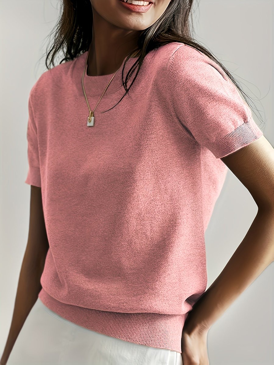 Women's Relaxed Short-Sleeve Knit Sweater Top - Pink