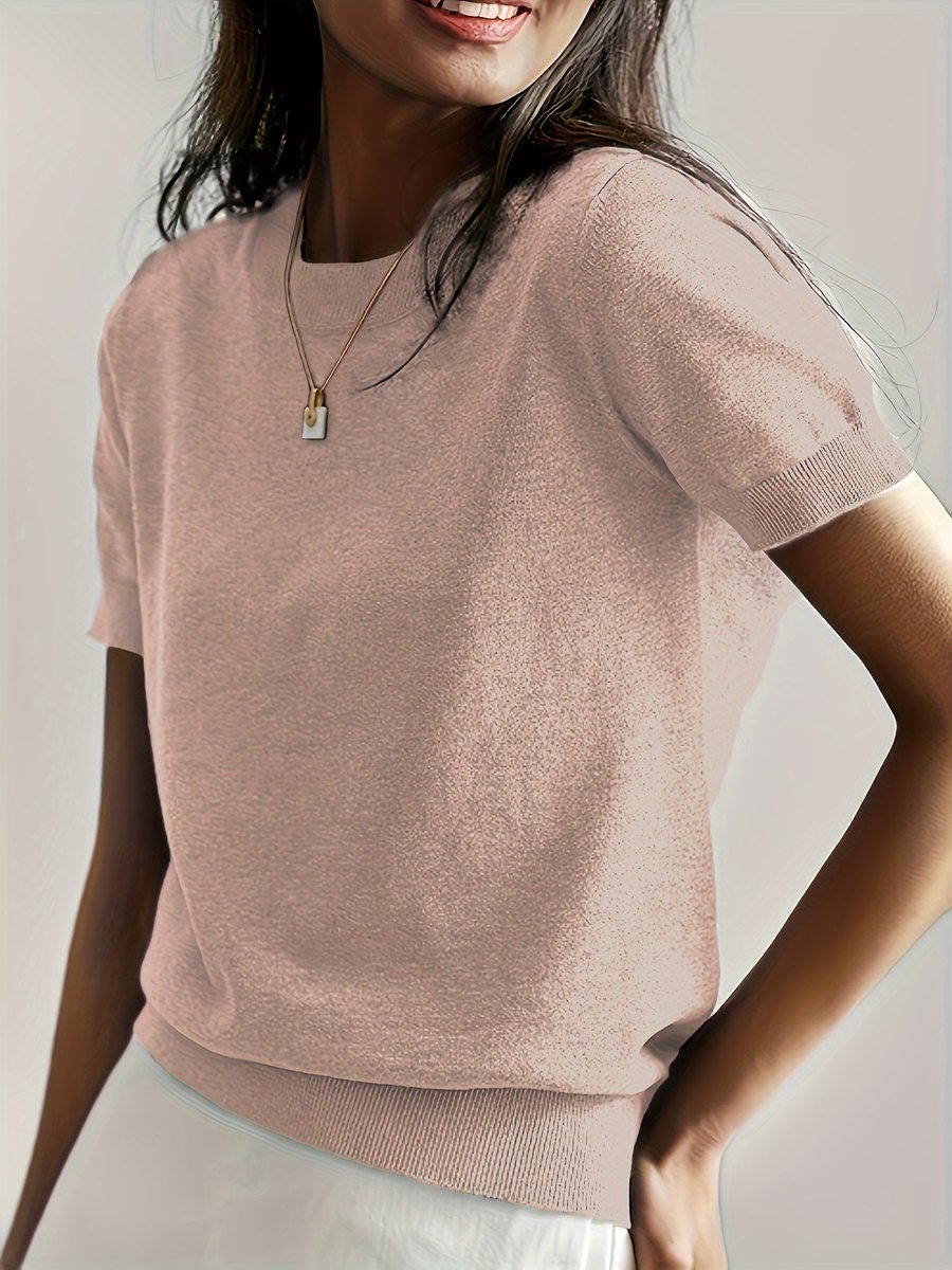 Women's Relaxed Short-Sleeve Knit Sweater Top - Peach