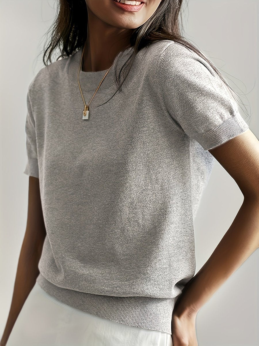 Women's Relaxed Short-Sleeve Knit Sweater Top - Light Gray