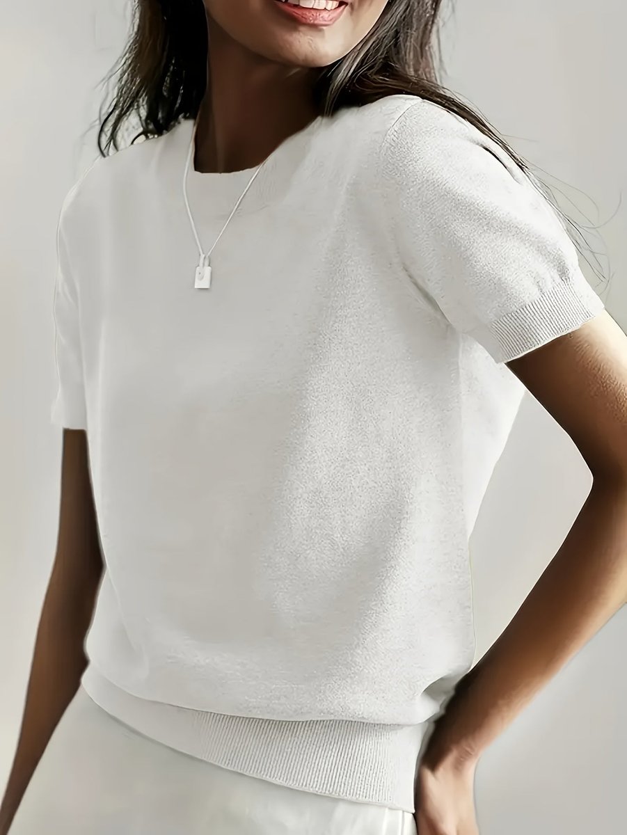 Women's Relaxed Short-Sleeve Knit Sweater Top - White