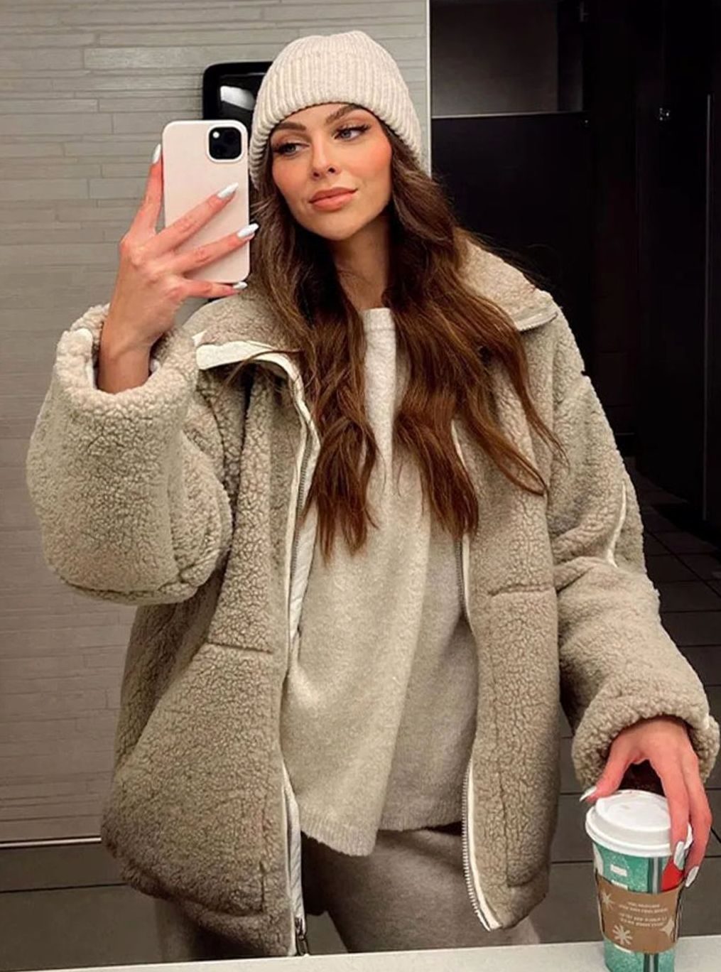 Women's Relaxed High-Neck Teddy Fleece Zip Jacket - Beige