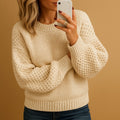 Women's Relaxed Fit Textured Crewneck Knit Sweater - Beige