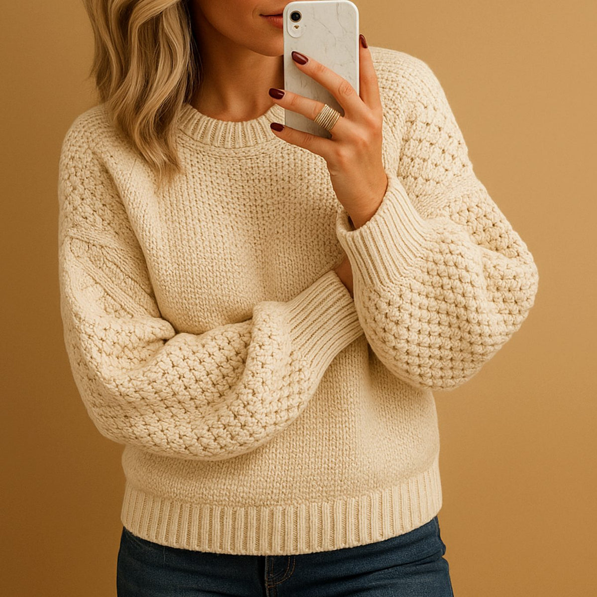 Women's Relaxed Fit Textured Crewneck Knit Sweater - Beige