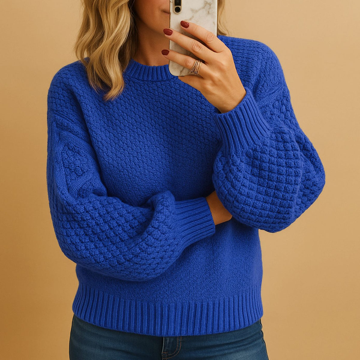 Women's Relaxed Fit Textured Crewneck Knit Sweater - Blue