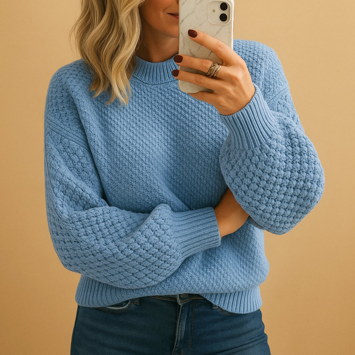 Women's Relaxed Fit Textured Crewneck Knit Sweater - Light Blue