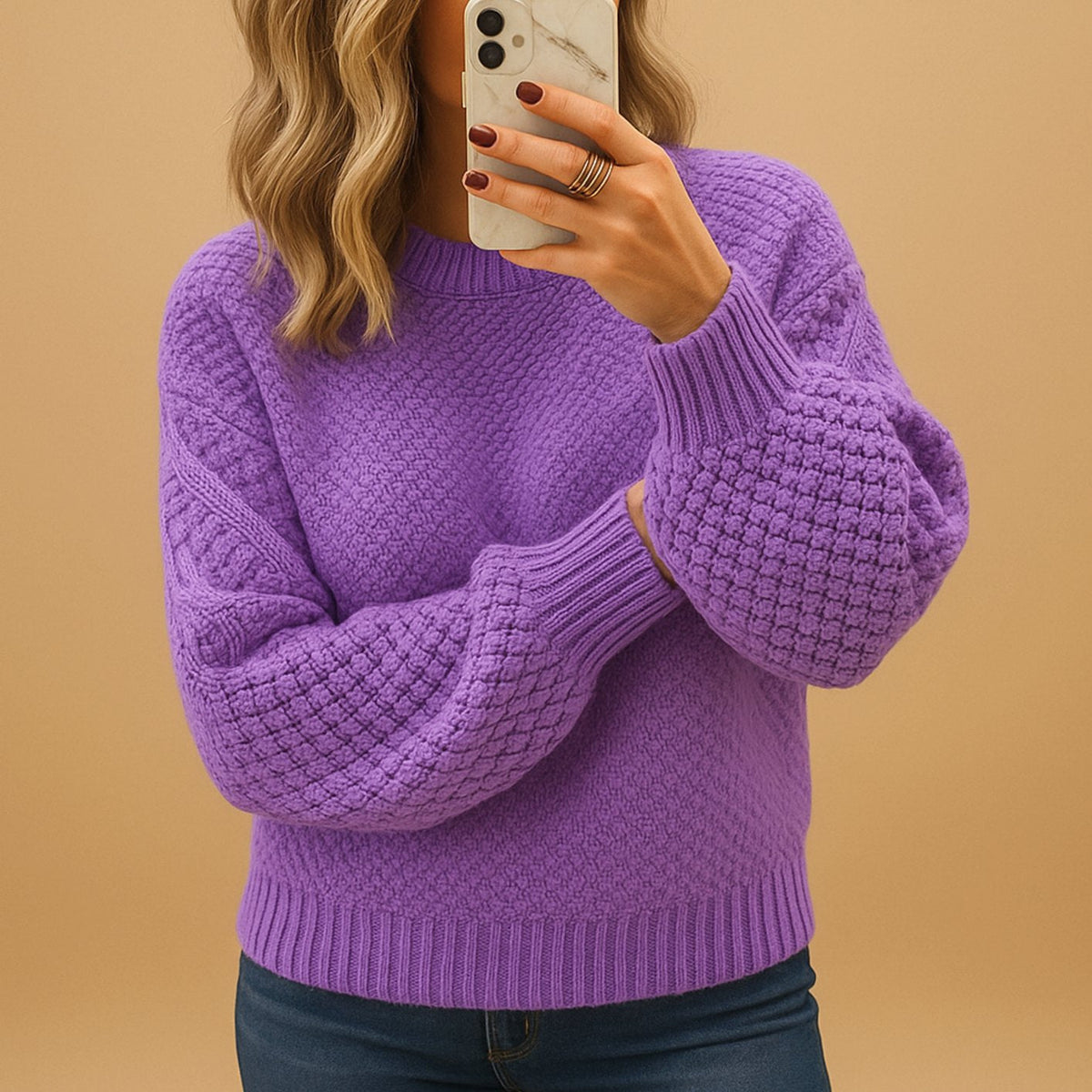Women's Relaxed Fit Textured Crewneck Knit Sweater - Purple
