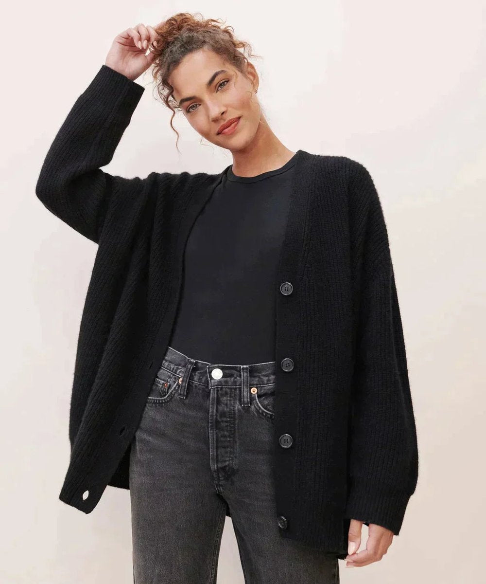 Women's Relaxed-Fit V-Neck Button-Front Cardigan - Black