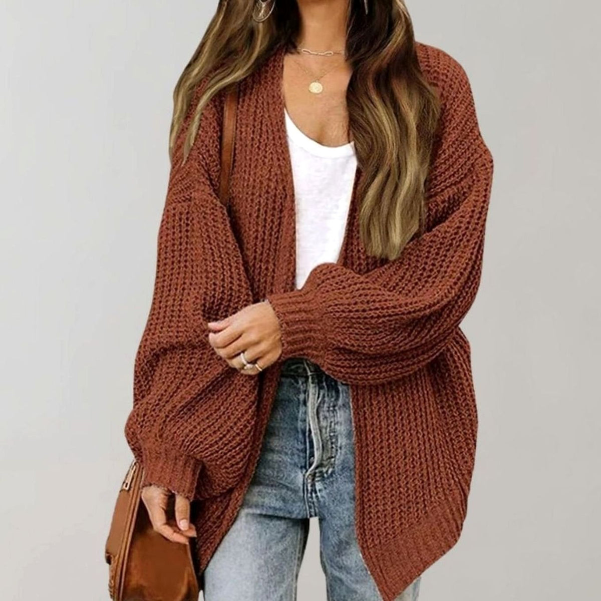Women's Relaxed Oversized Open-Front Knit Cardigan - Coffee