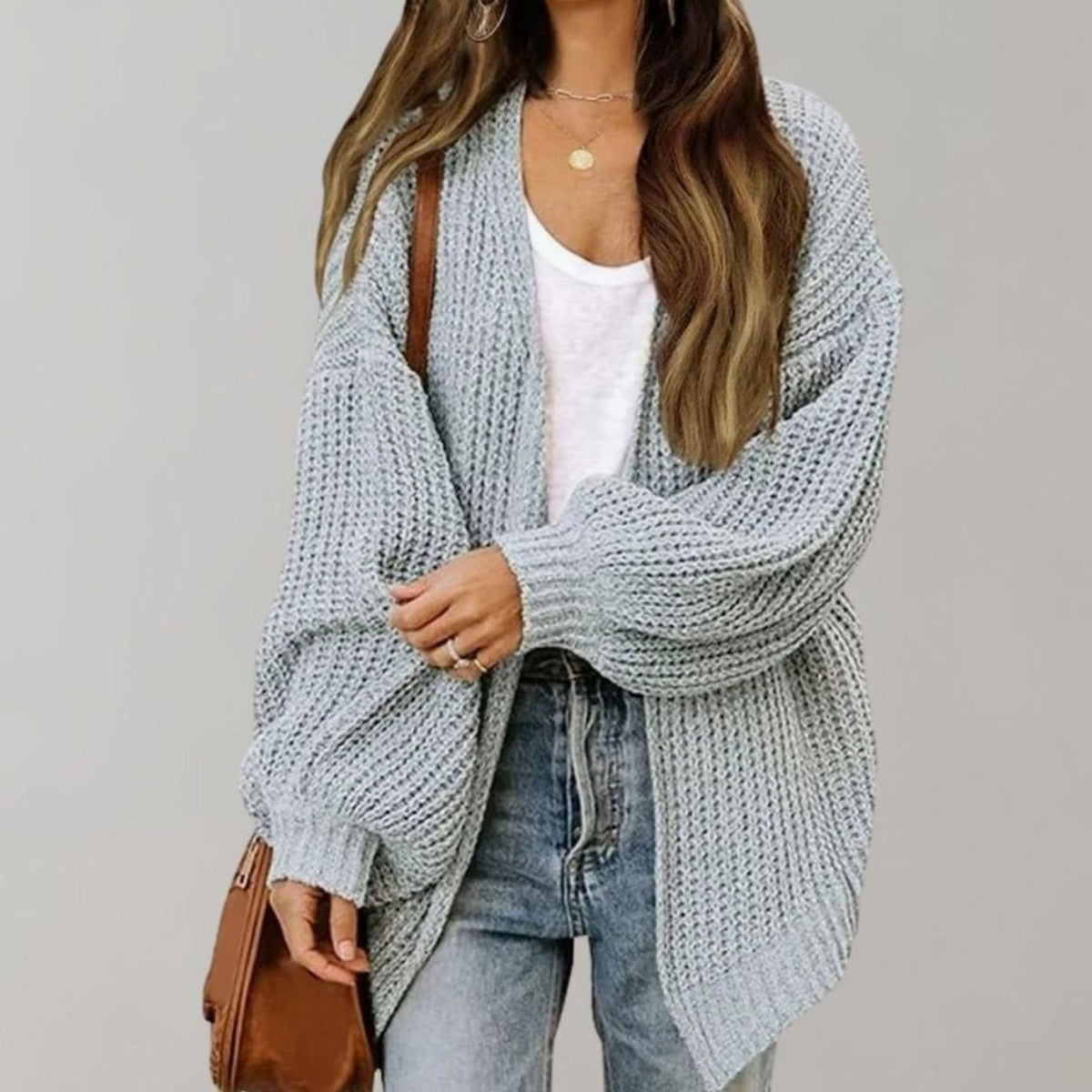 Women's Relaxed Oversized Open-Front Knit Cardigan - Gray