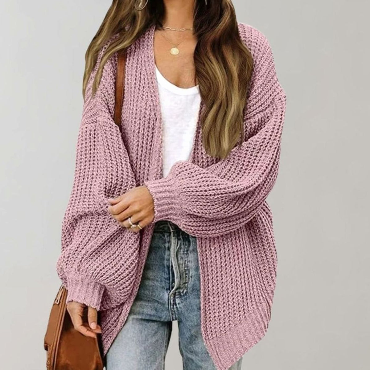 Women's Relaxed Oversized Open-Front Knit Cardigan - Pink
