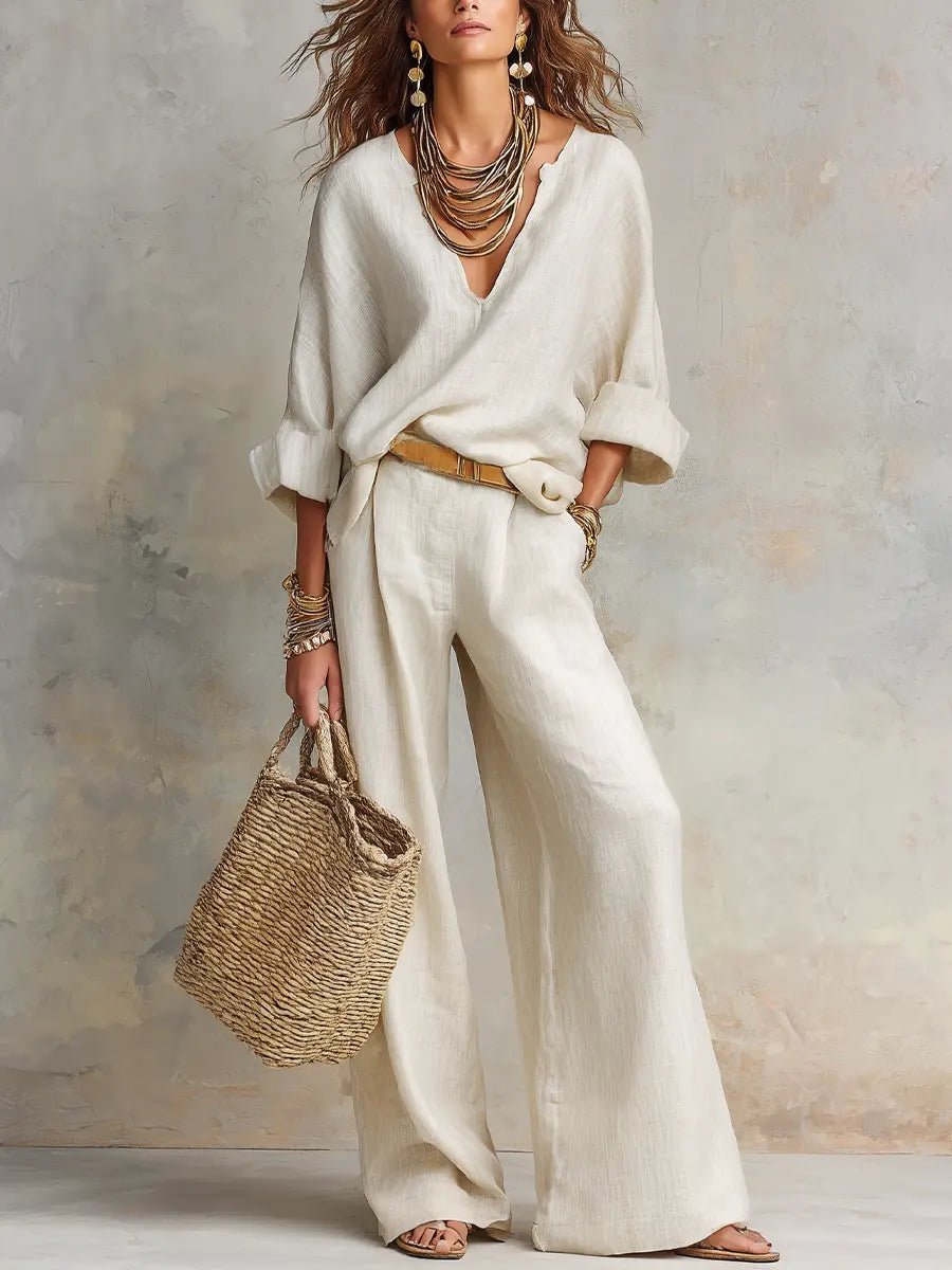 Women's Linen V-Neck Two-Piece Pants Set