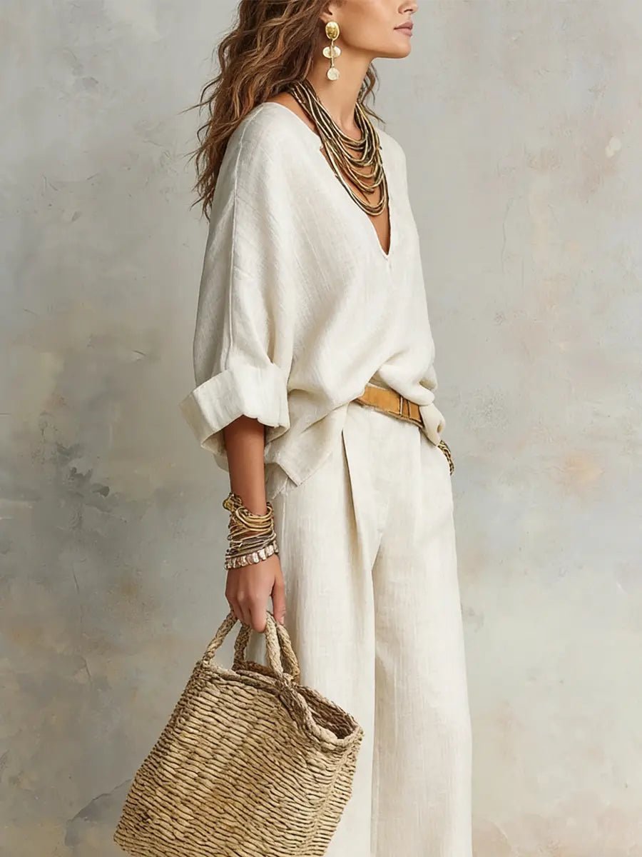 Women's Linen V-Neck Two-Piece Pants Set