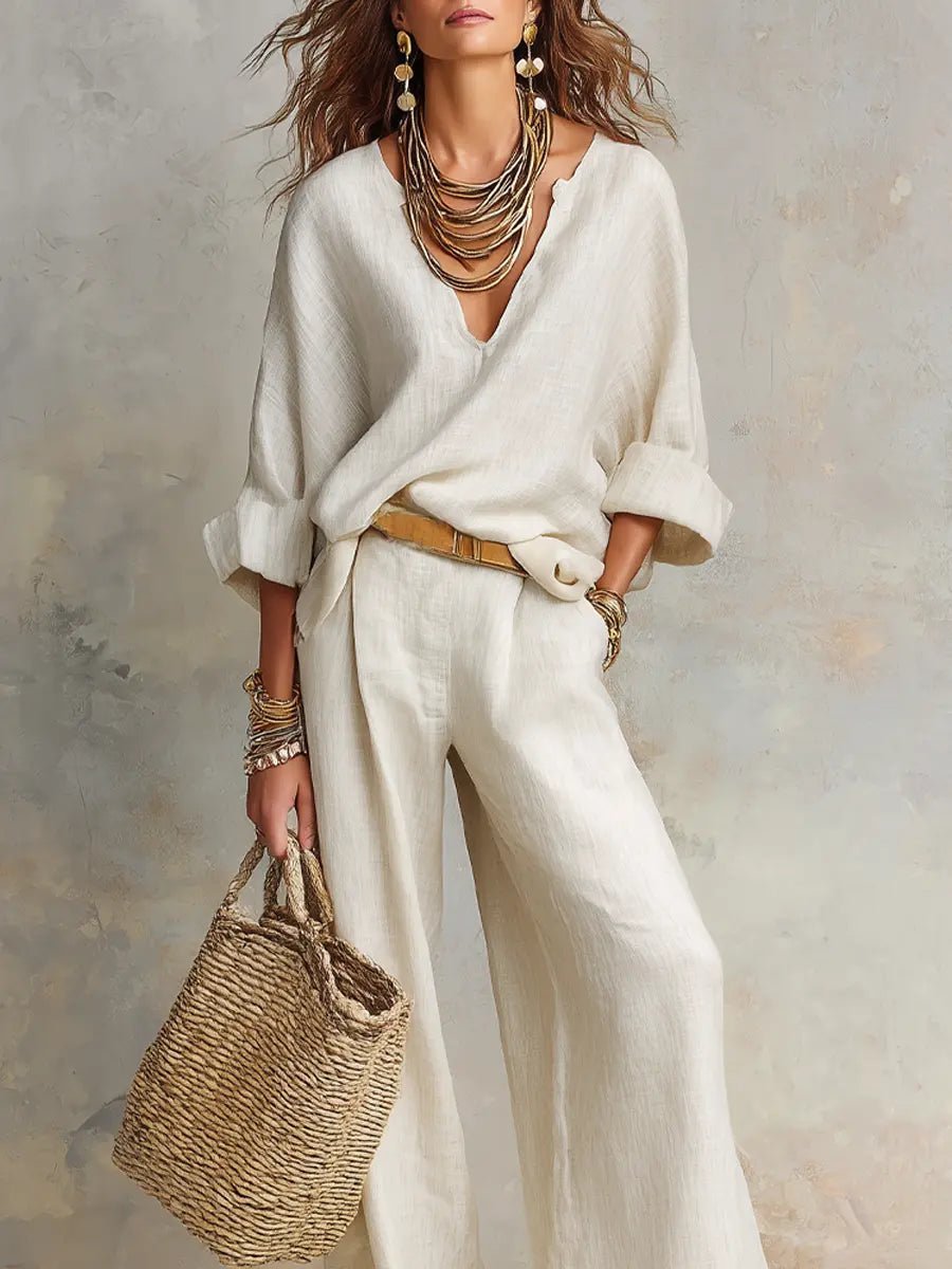 Women's Linen V-Neck Two-Piece Pants Set