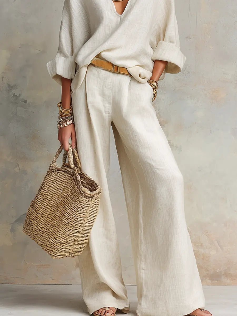 Women's Linen V-Neck Two-Piece Pants Set