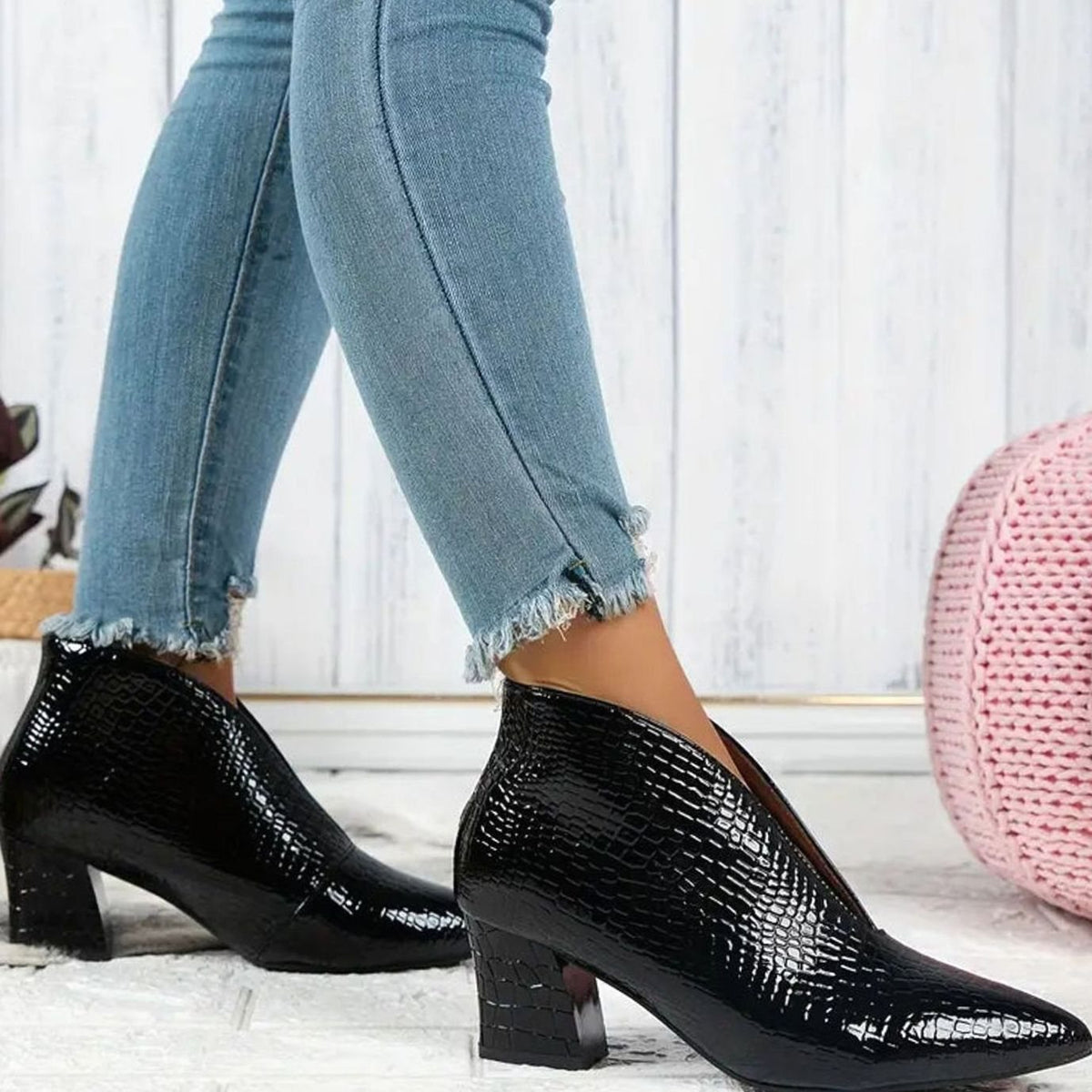 Women's Reptile Textured V-Cut Ankle Boots