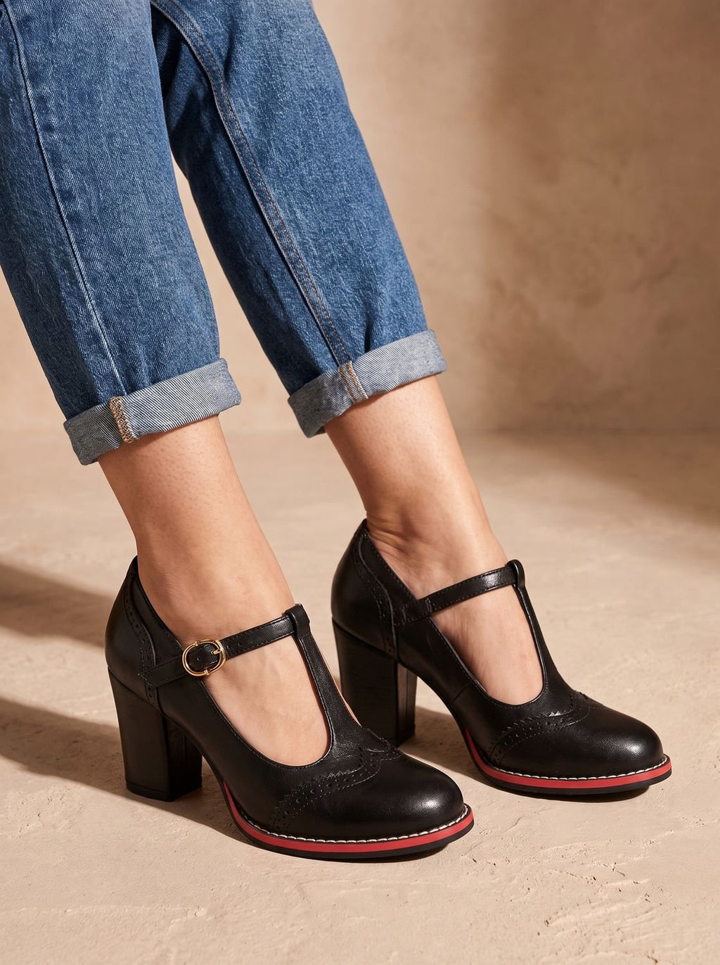 Women's Brogue T-Bar Block Heel Pumps with Red Sole - Black