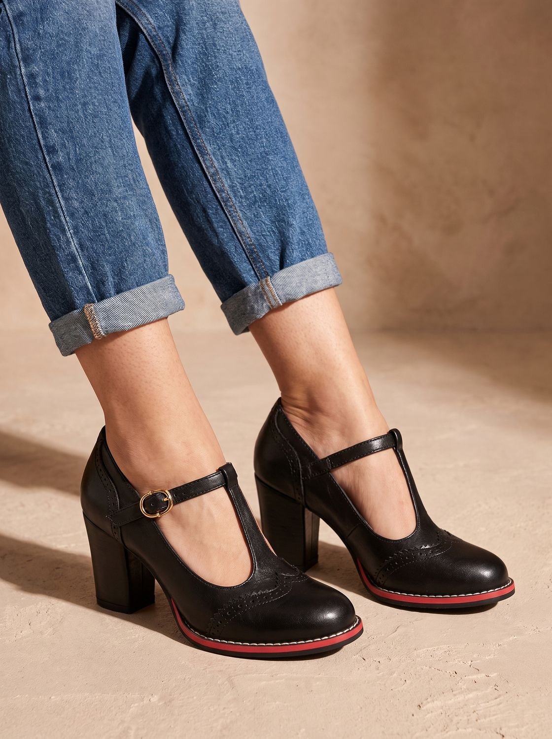 Women's Brogue T-Bar Block Heel Pumps with Red Sole - Black
