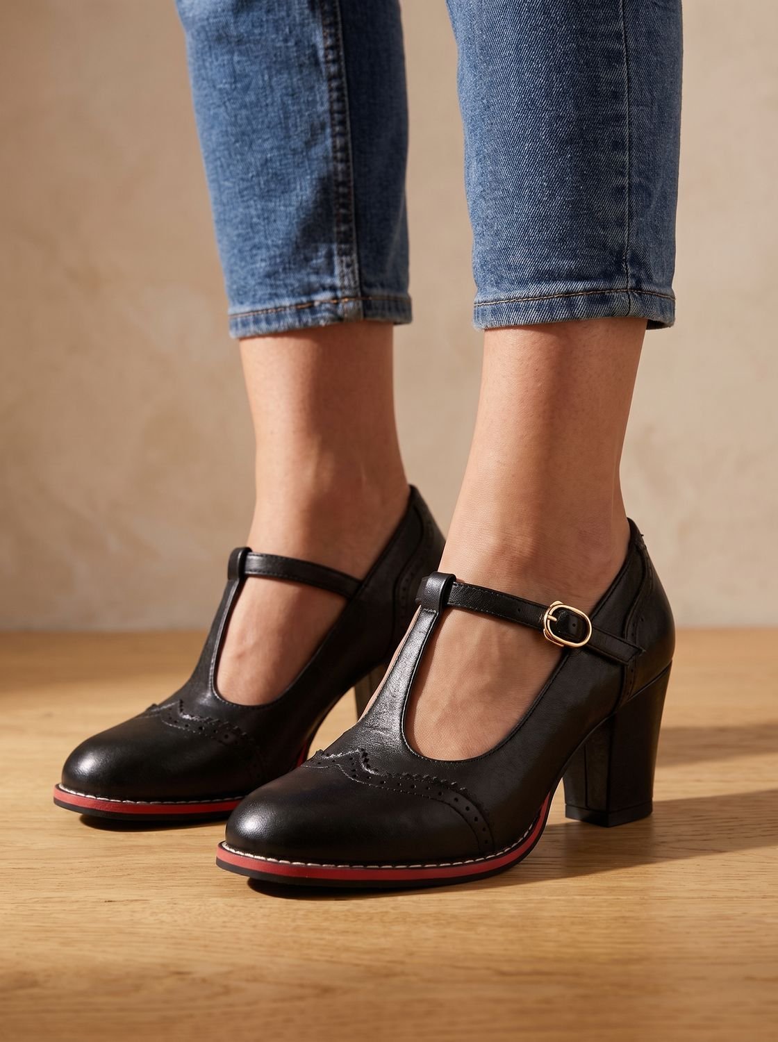 Women's Brogue T-Bar Block Heel Pumps with Red Sole