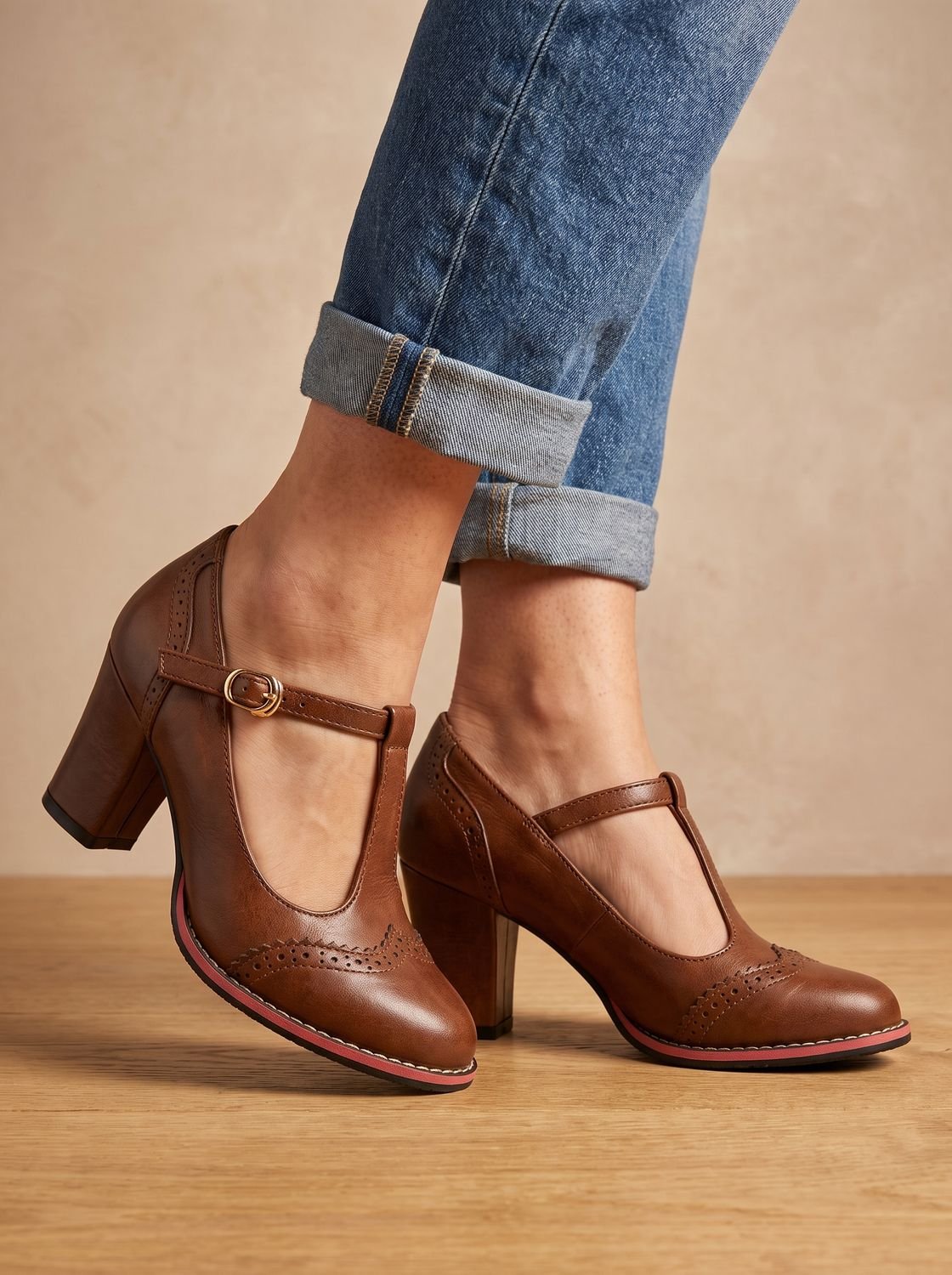 Women's Brogue T-Bar Block Heel Pumps with Red Sole