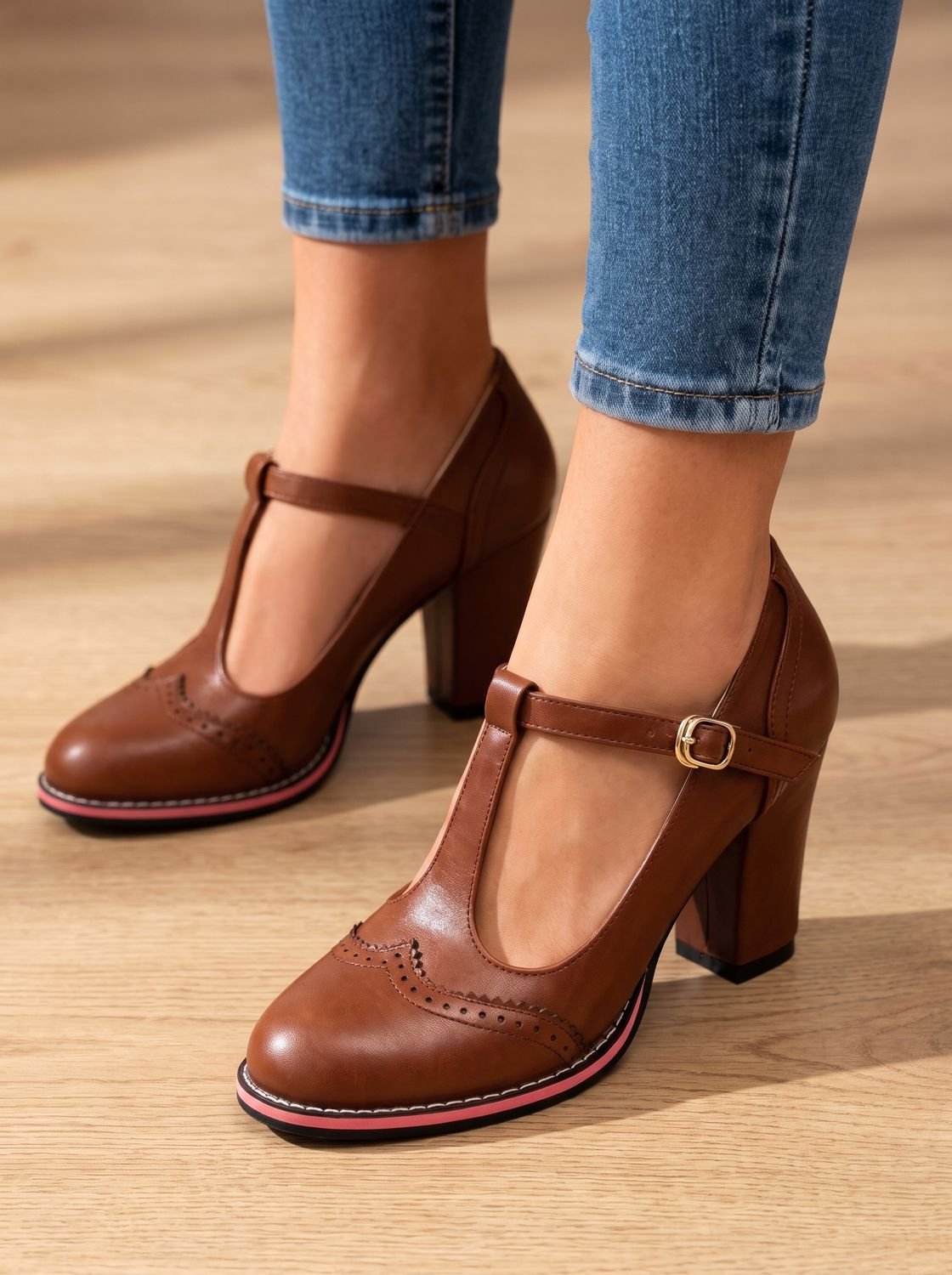 Women's Brogue T-Bar Block Heel Pumps with Red Sole - Brown