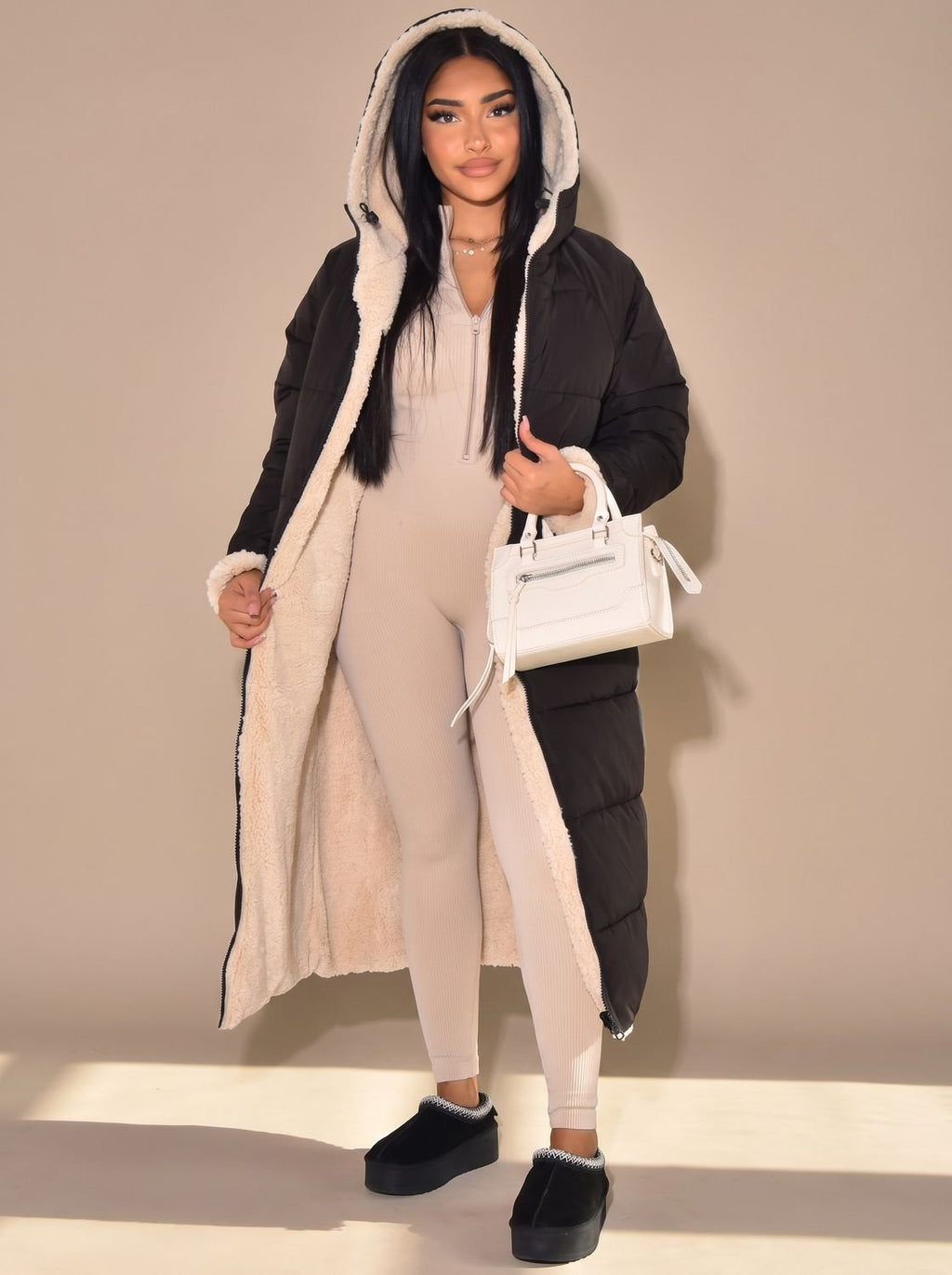Women's Reversible Sherpa and Quilted Hooded Coat - Black