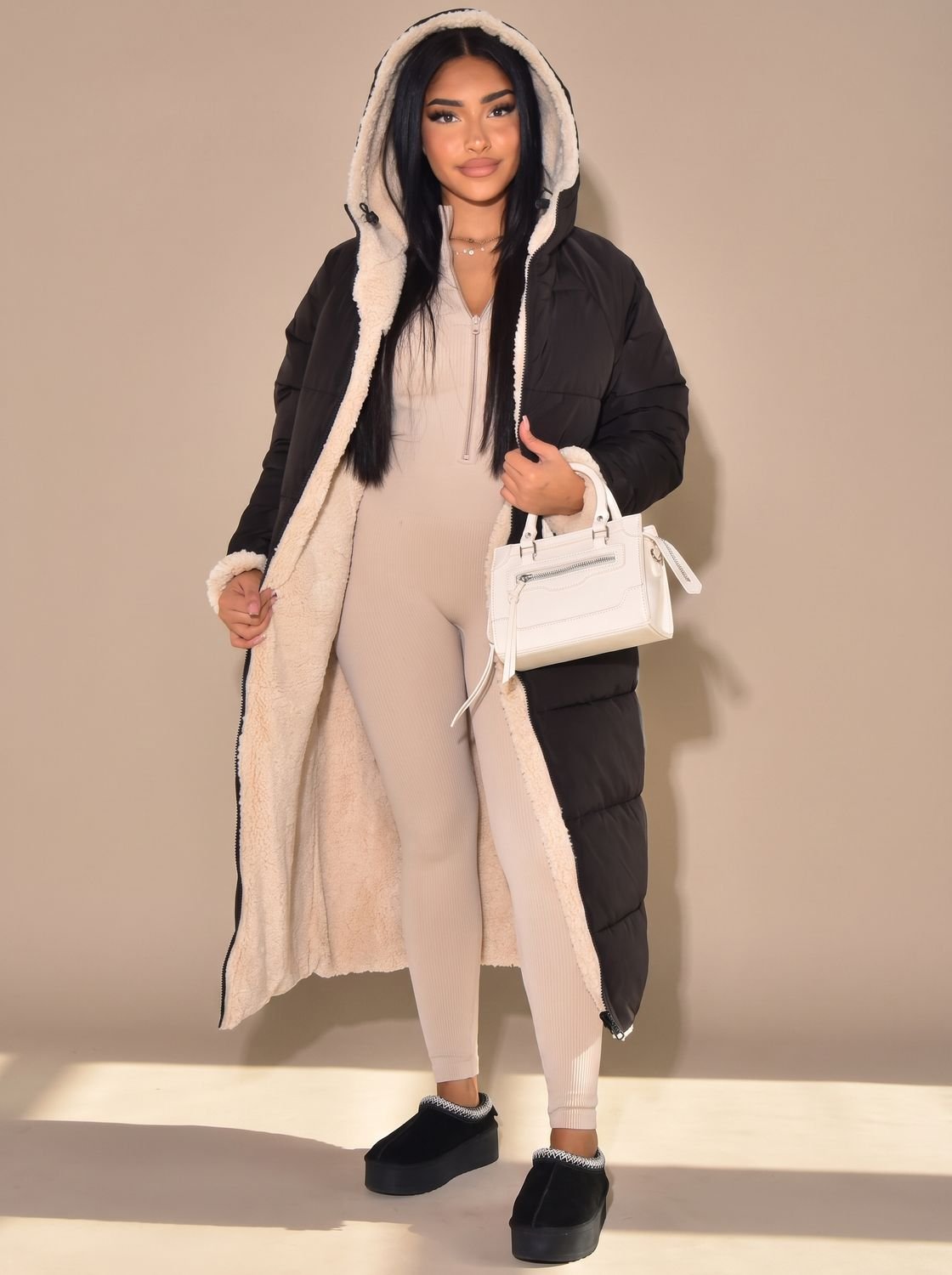 Women's Reversible Sherpa and Quilted Hooded Coat - Black